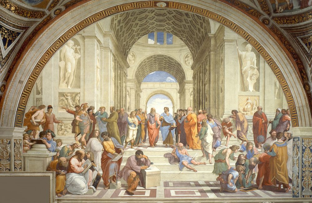 La escuela de Atenas, de Rafael (1509-1511). En el centro, Platón señala al cielo y Aristóteles, a la tierra.