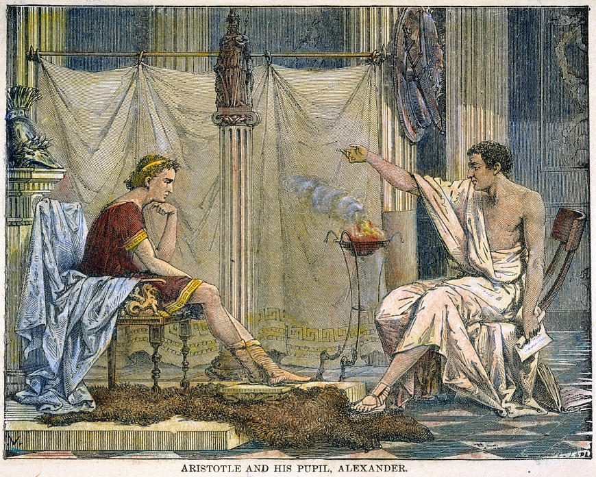 Aristóteles enseñando a Alejandro, grabado de Charles Laplante (1866), una visión idealizada del siglo XIX.