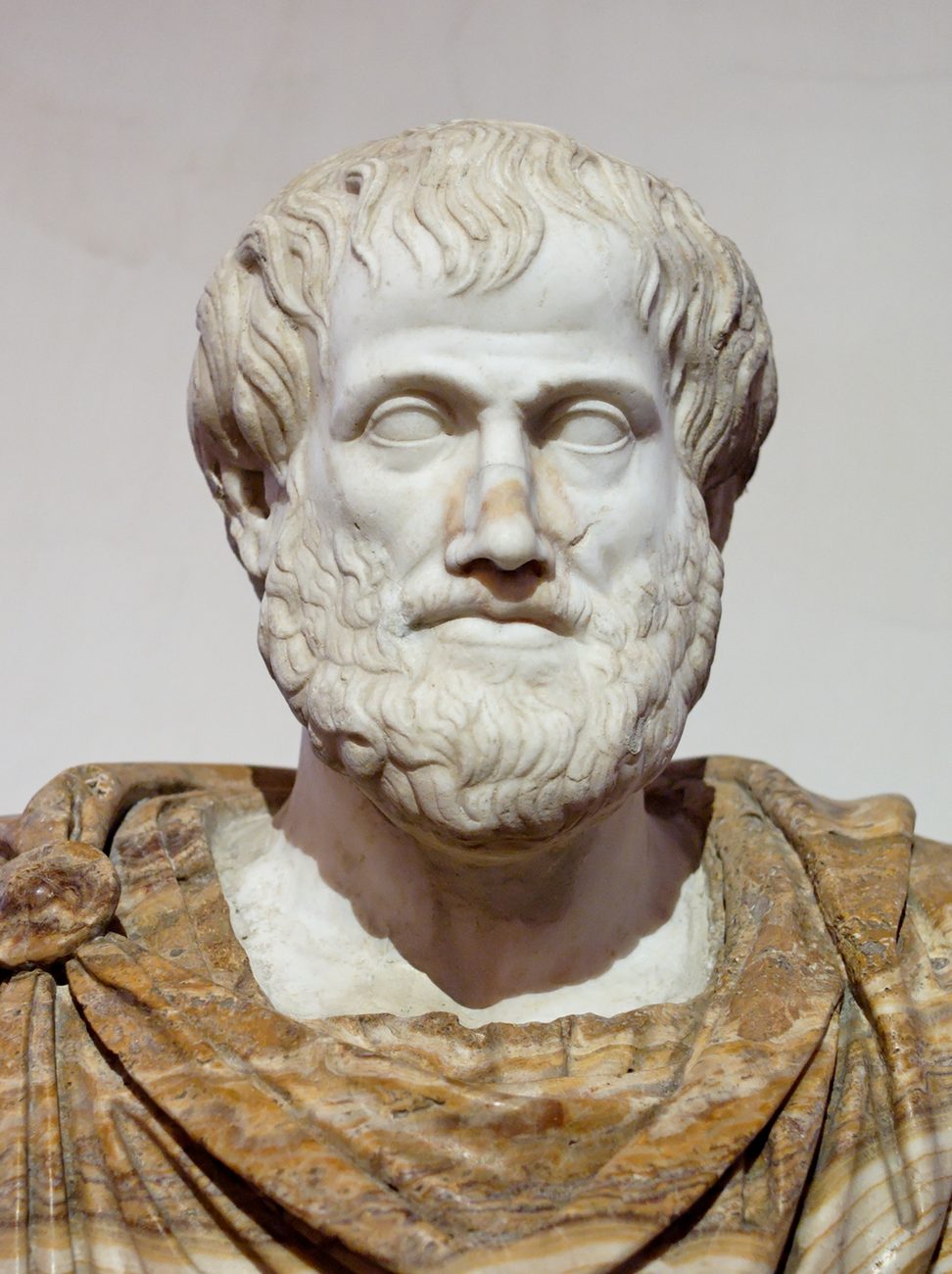 Busto de Aristóteles: copia romana de un bronce de Lisipo (hacia 330 a. C.). El manto es un añadido moderno.