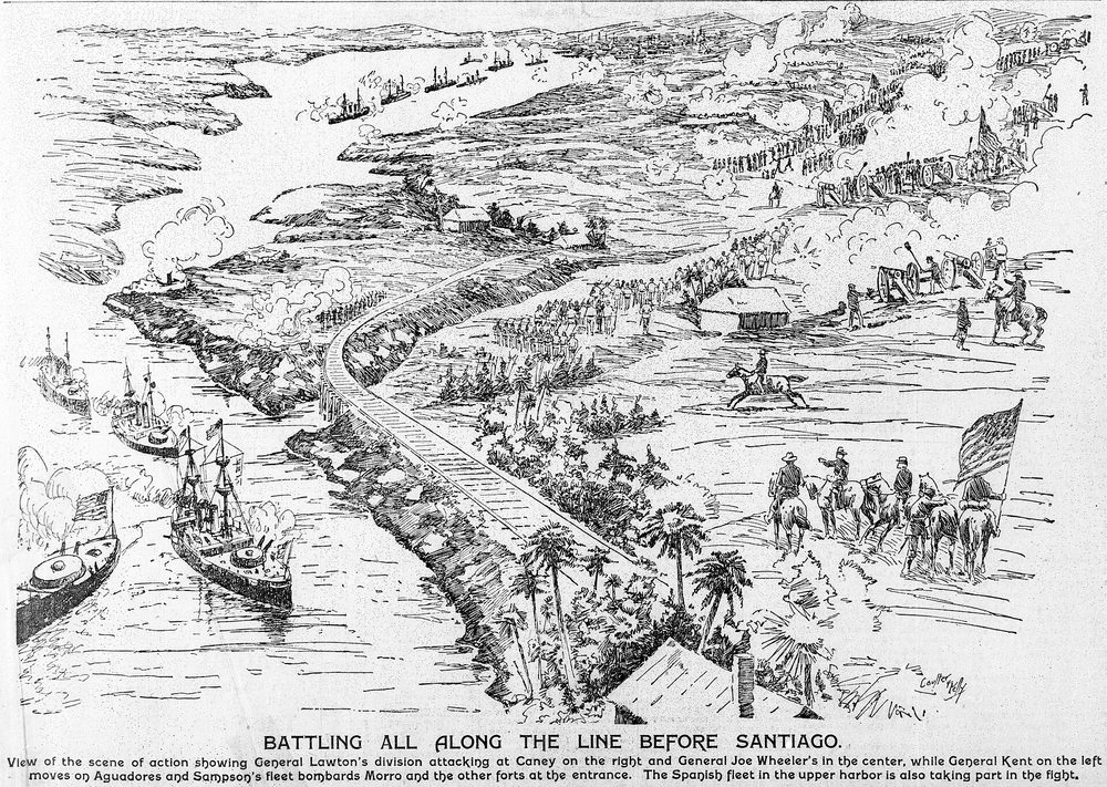 Ofensiva estadounidense sobre Santiago de Cuba (1 de julio de 1898: El Caney y San Juan, con la flota bombardeando el Morro), en una ilustración de la prensa de EE. UU. Dos días después se hundió la escuadra de Cervera.