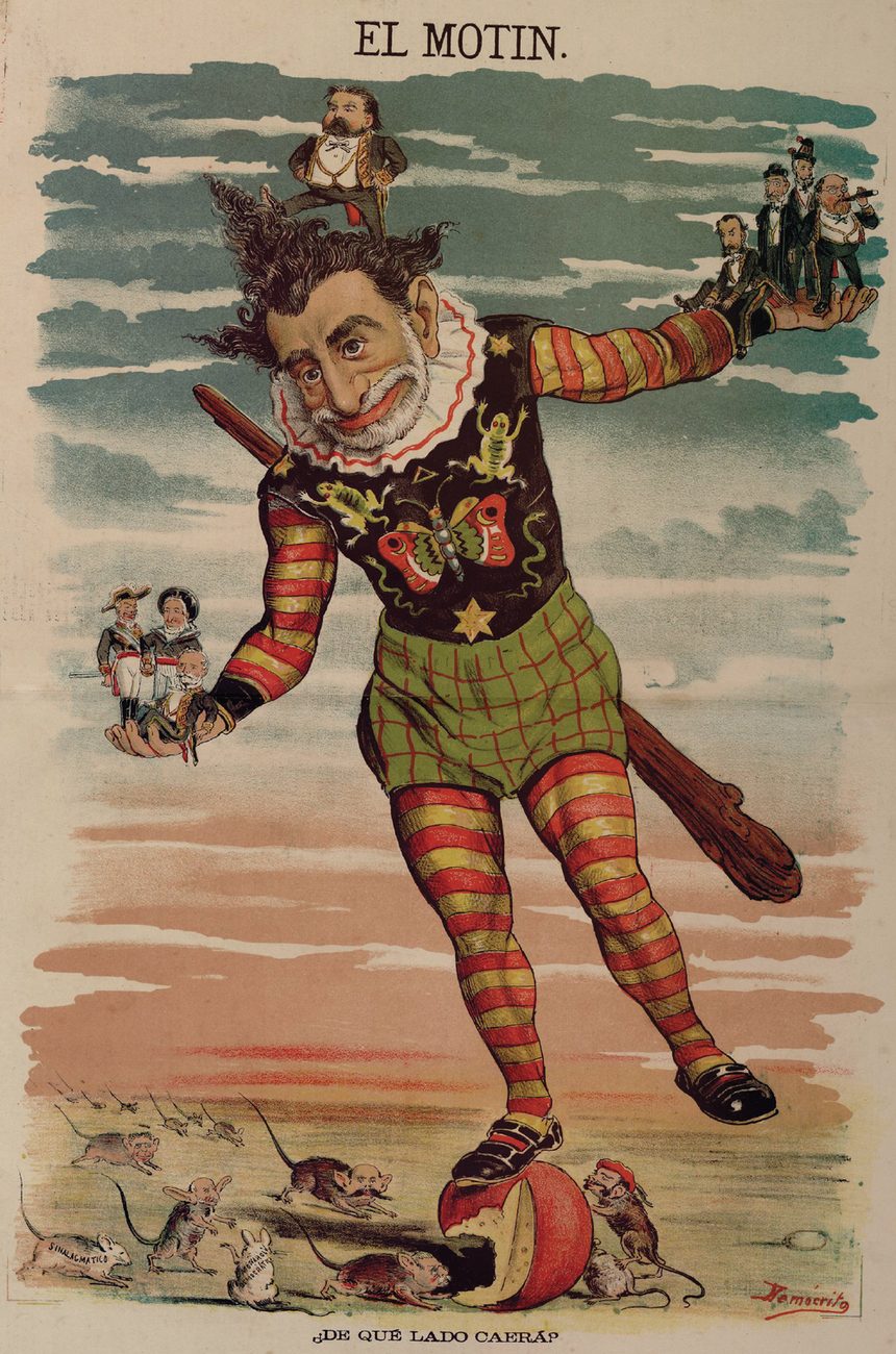 ¿De qué lado caerá?, caricatura de Demócrito en El Motín (agosto de 1881): Sagasta, recién llegado al poder en el primer relevo del turno, hace equilibrios con los grupos que lo apoyan mientras la oposición, dibujada como ratones, acecha a sus pies.