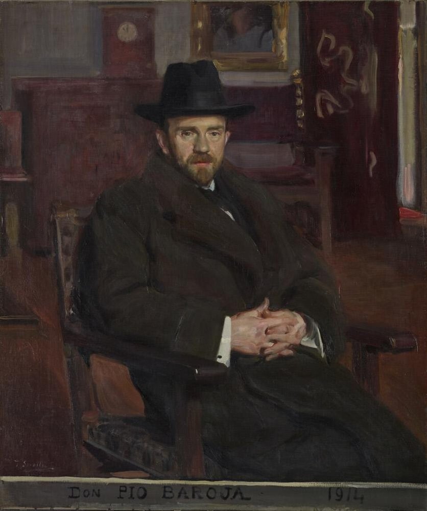 Retrato al óleo de Pío Baroja sentado, con barba, sombrero negro y abrigo oscuro, con las manos juntas