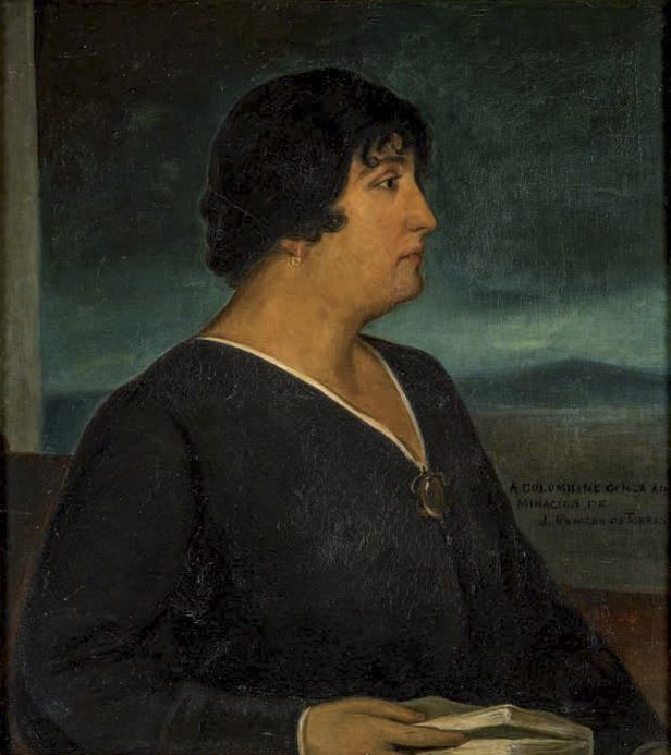 Retrato al óleo de Carmen de Burgos, de perfil, con vestido oscuro y unos papeles en la mano